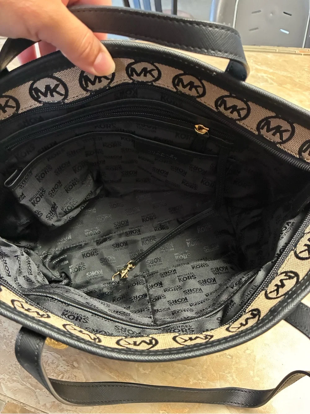 NEW Vintage Michael Kors black and beige Monogram Tote